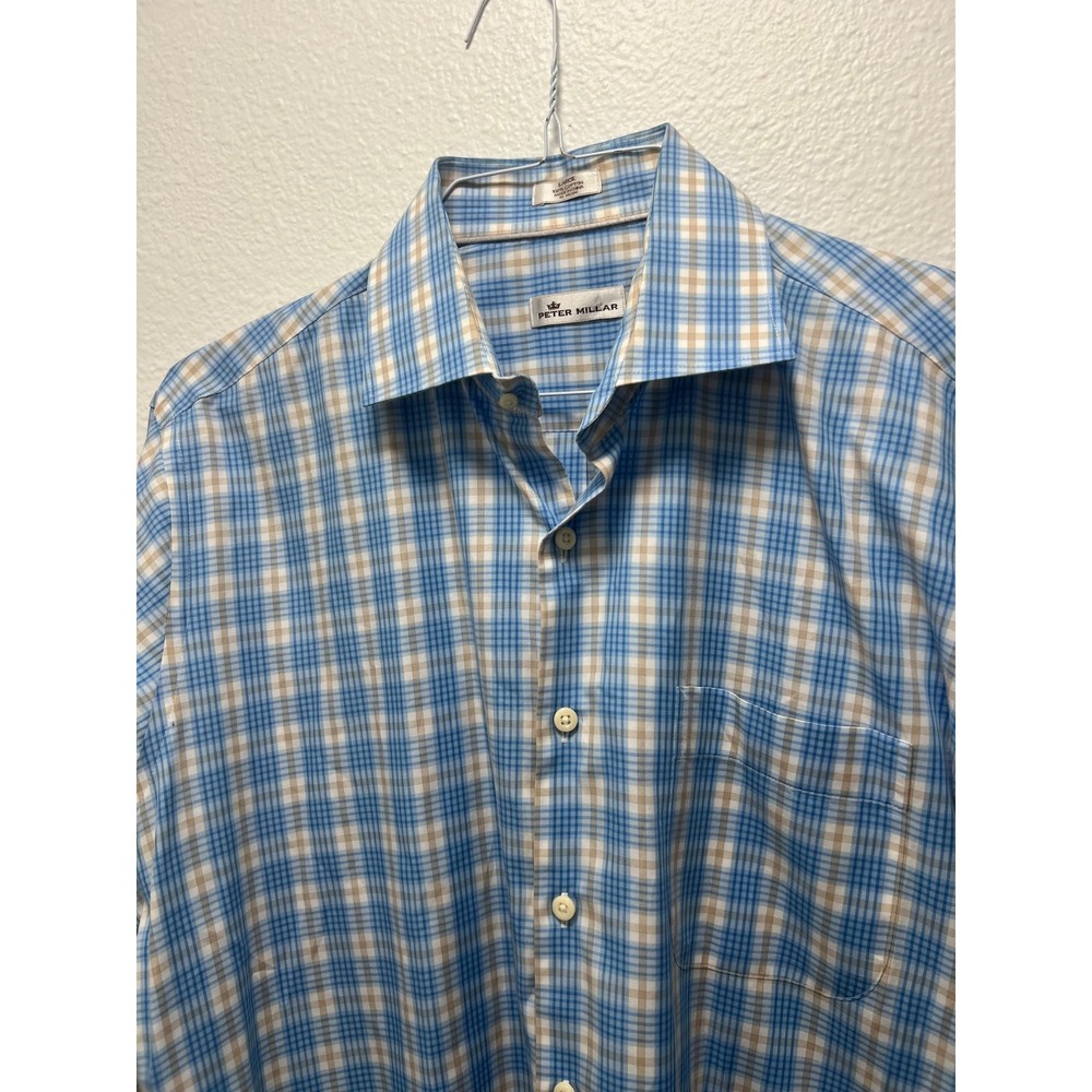 Peter Millar Mens Button Up Long Sleeve Dress Shirt Blue Checkered - Size Large